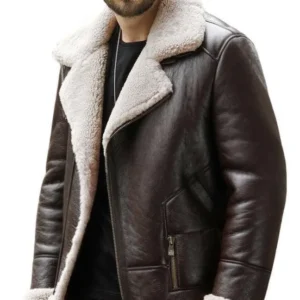 Brown Leather Bomber Jacket with Faux Shearling Lining
