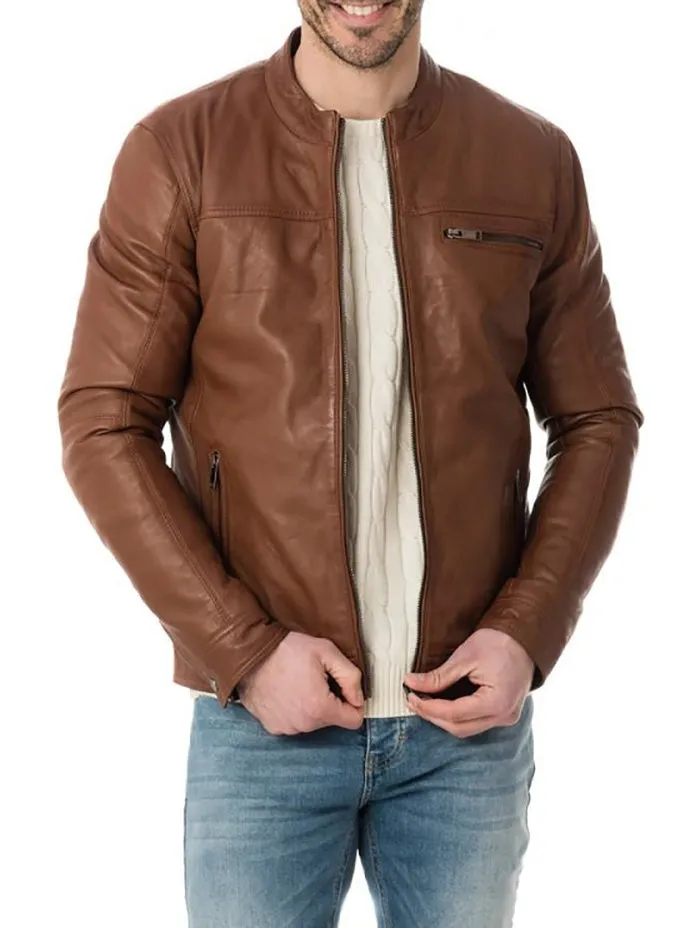 Tan Leather Biker Jacket - Image 2