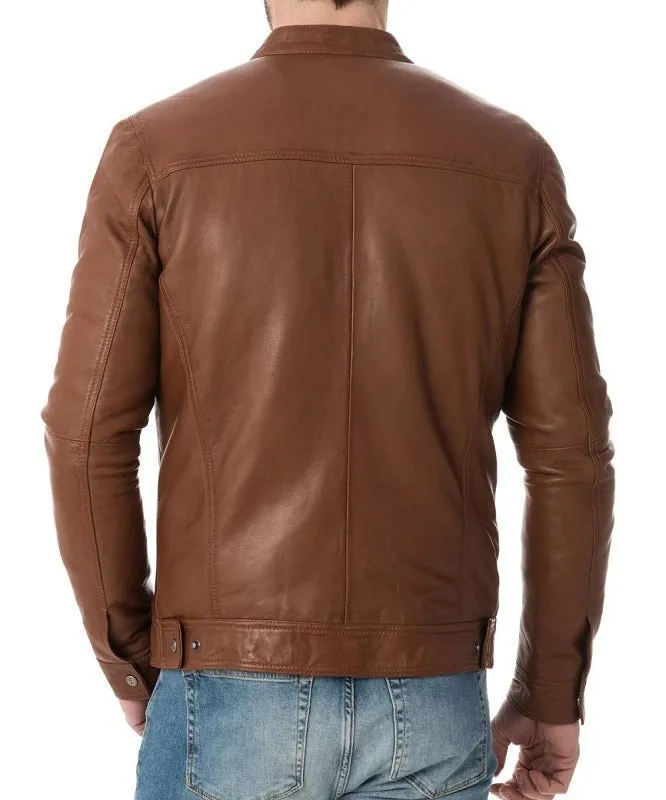 Tan Leather Biker Jacket - Image 3