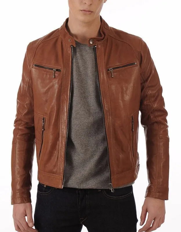 Tan Leather Biker Jacket - Image 2