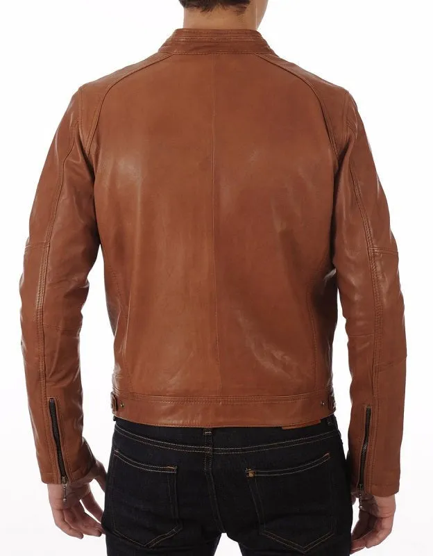 Tan Leather Biker Jacket - Image 3