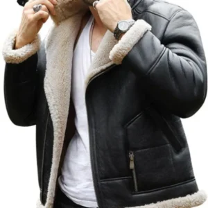 Black Leather Bomber Jacket with Faux Shearling Lining