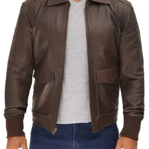 Brown Leather Bomber Jacket