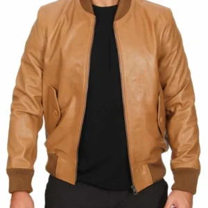 Tan Leather Bomber Jacket