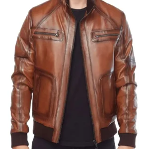 Brown Waxed Leather Bomber Jacket