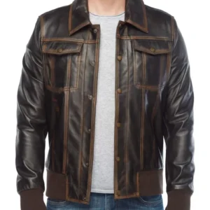 Rugged Distressed Brown Leather Bomber Jacket