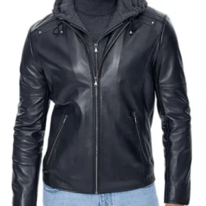 Black Detachable Hooded Leather Jacket