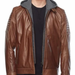 Brown Detachable Hooded Leather Jacket