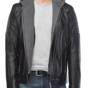 Black Detachable Hooded Leather Jacket