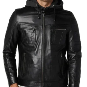 Black Detachable Hooded Leather Jacket
