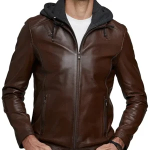 Brown Detachable Hooded Leather Jacket