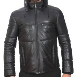 Black Detachable Hooded Leather Jacket