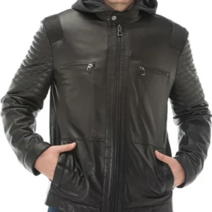 Black Detachable Hooded Leather Jacket