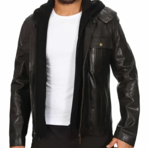 Black Detachable Hooded Leather Jacket