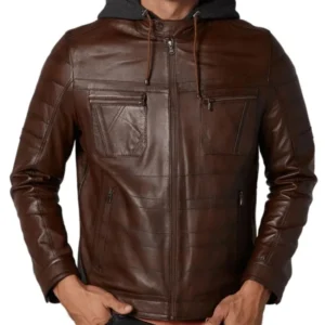 Brown Detachable Hooded Leather Jacket