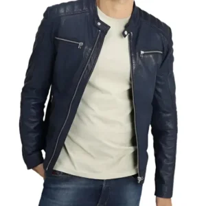 Blue Leather Biker Jacket