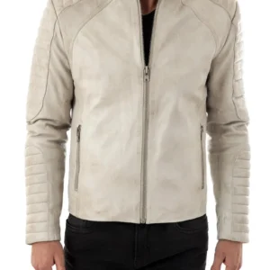 Vintage White Leather Biker Jacket