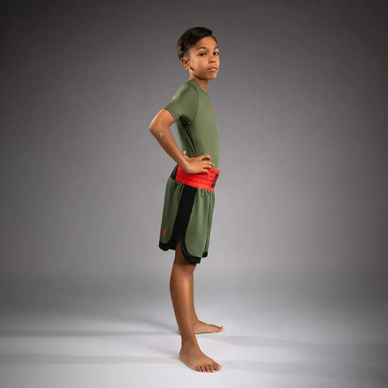 Venum Classic Kids Boxing Shorts - Army Green/Orange - Image 4