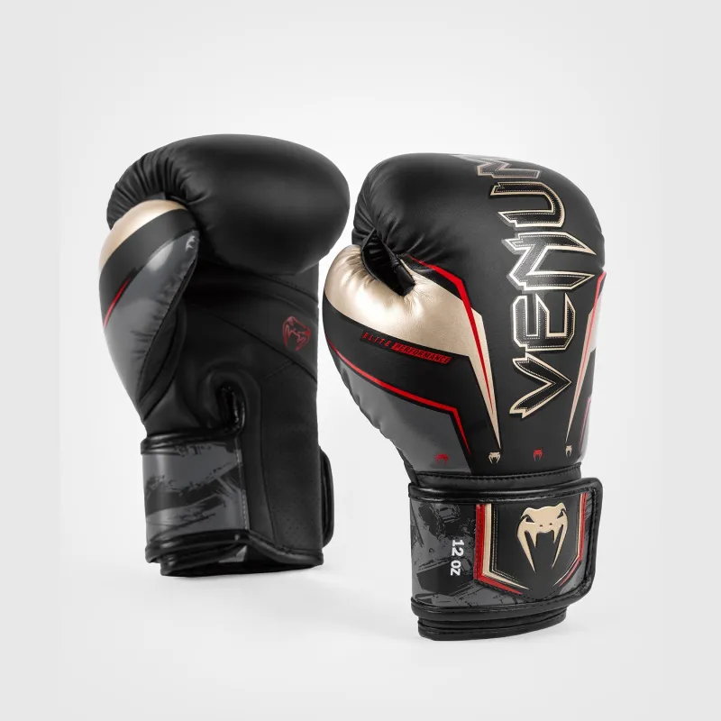 Venum Elite Evo Boxing Gloves - Black/Gold/Red - Image 2