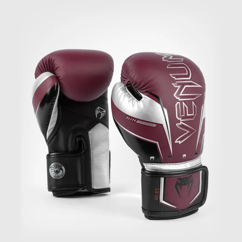 Venum Elite Evo Boxing Gloves - Burgundy/Silver - Image 2