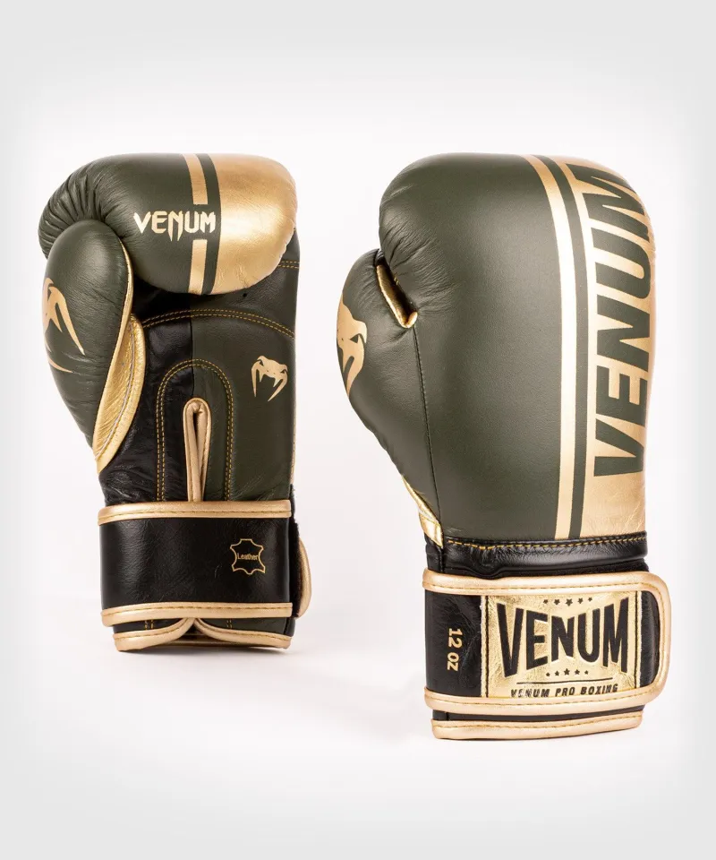 Venum Shield Pro Boxing Gloves Velcro - Khaki/Gold - Image 2