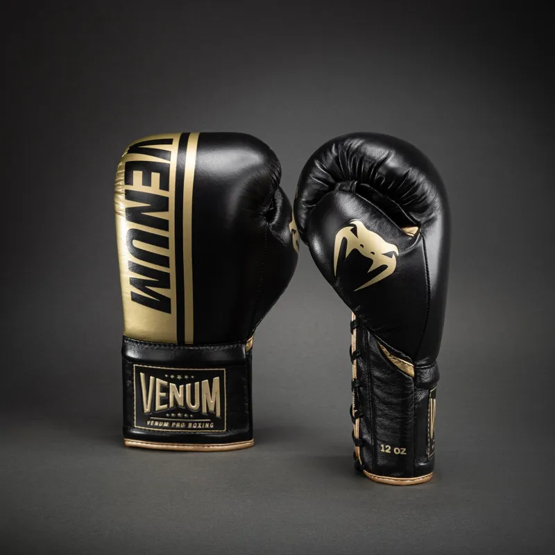 Venum Shield Pro Boxing Gloves with Laces - Black/Gold - Image 2