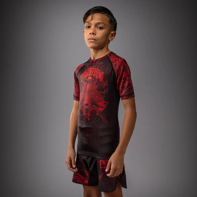 Venum Wolf Atak Kids Short Sleeve Rashguard - Black/Red - Image 2